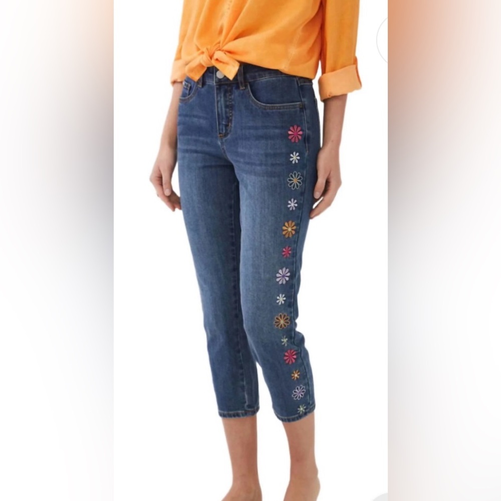 French Dressing Cropped Jeans, Sz. 10, Olivia Style, Embroidered Flowers on Leg